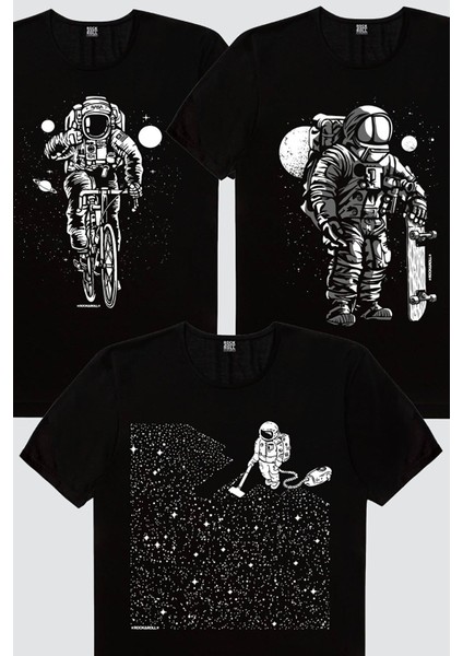 Bisikletli Astronot, Süpürgeli Astronot, Kaykaycı Astronot Erkek 3'lü Eko Paket T-Shirt