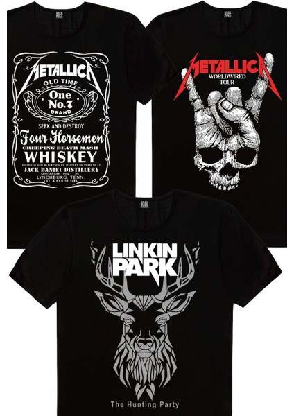 Geometrik Geyik, Kuru El, Metallica Jack Logo Erkek 3'lü Eko Paket T-Shirt