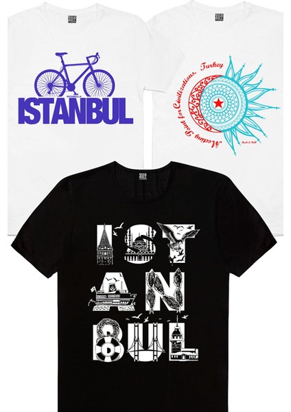 Istanbul Bisiklet Beyaz, Türkiye Ay Yıldız Beyaz, Istanbul Harfler Siyah Erkek 3'lü Eko Paket T-Shirt