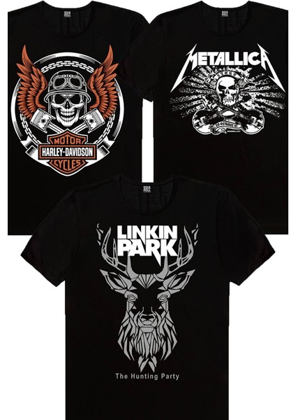 Geometrik Geyik, Metallica Kurukafa, Motorcu Kurukafa Kadın 3'lü Eko Paket T-Shirt