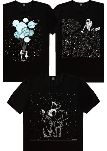 Balon Gezegenler, Karlar Düşer, Süpürgeli Astronot Kadın 3'lü Eko Paket T-Shirt