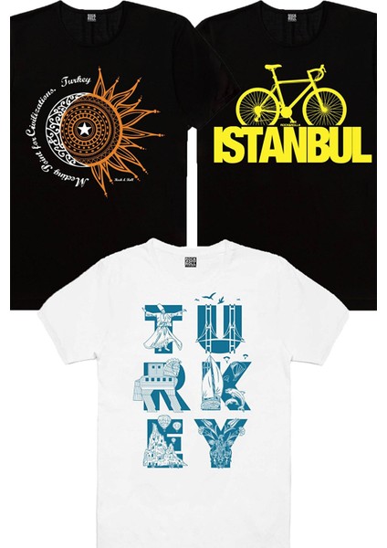 Türk Ay Yıldız Siyah, Türkiye Harfler Beyaz, Istanbul Bisiklet Siyah Kadın 3'lü Eko Paket T-Shirt
