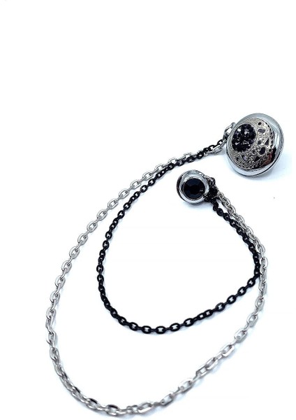 Gümüş Renk Siyah Taşlı Zincirli Ceket Yaka Iğnesi YI375