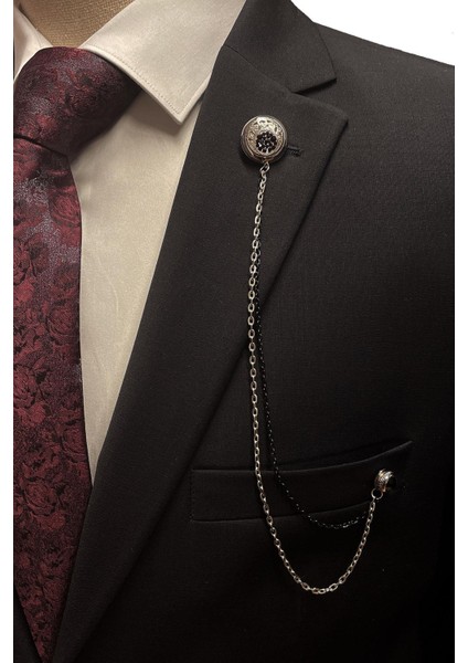 Gümüş Renk Siyah Taşlı Zincirli Ceket Yaka Iğnesi YI375 fırsatları