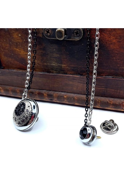 Gümüş Renk Siyah Taşlı Zincirli Ceket Yaka Iğnesi YI375 indirimleri