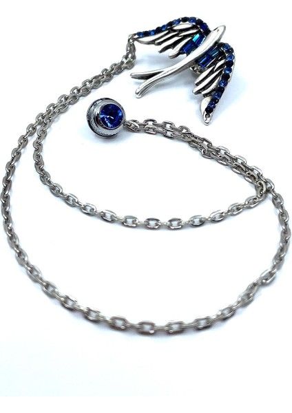 Gümüş Renk Kuş Motif Mavi Taşlı Ceket Yaka Iğnesi YI380