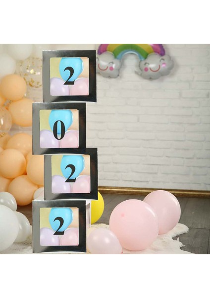 5 Rakamlı Gümüş Şeffaf Büyük Boy 25*25 Cm Balon Kutusu Kendin Yap Doğum Günü Parti Kutlama Seti