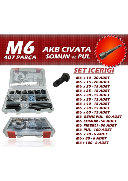 407 Parça M6 Akb Cıvata Seti + 8 Somun Adaptörü