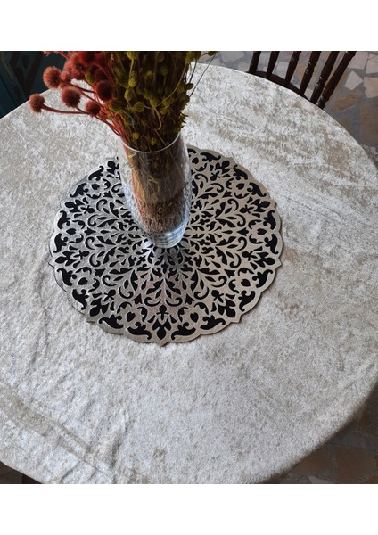 Orta Sehpa Runneri/Masa Örtüsü/ Kadife/S.Deri Işlemelı/Siyah-Gümüş/46cm