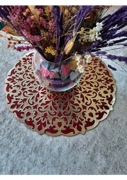 Orta Sehpa Runneri/Masa Örtüsü/ Kadife/S.Deri Işlemelı/Bordo-Gold/46cm