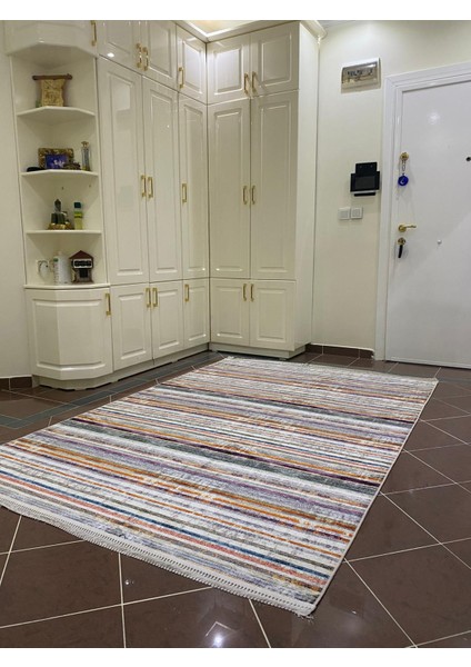 Modern-Avangard Baskılı Halı Yıkanabilir Dokuma Taban Renkli Çizgili VH028