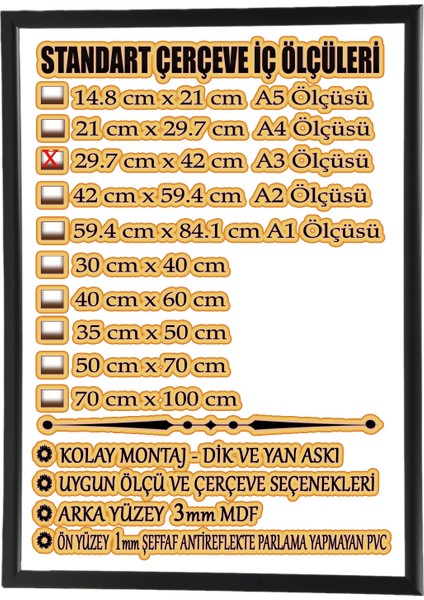 MİXEFOR A3 Çerçeve-Renk SİYAH Arka Yüzey 3mm Mdf-Ön yüzey Kırılmaz parlama yapmayan Antireflektif fiyatları