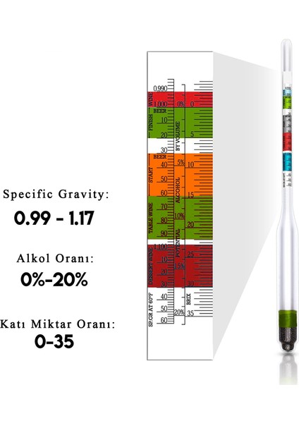 Hidrometre 0.980 - 1.1160 Alkolmetre Bira Brix Alkol Oranı Ölçer Ölçüm thr275 fiyatları