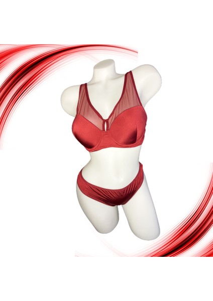 Tüllü Bordo Renk Dolgulu Kadın Iç Çamaşırı Bustiyer Takmı