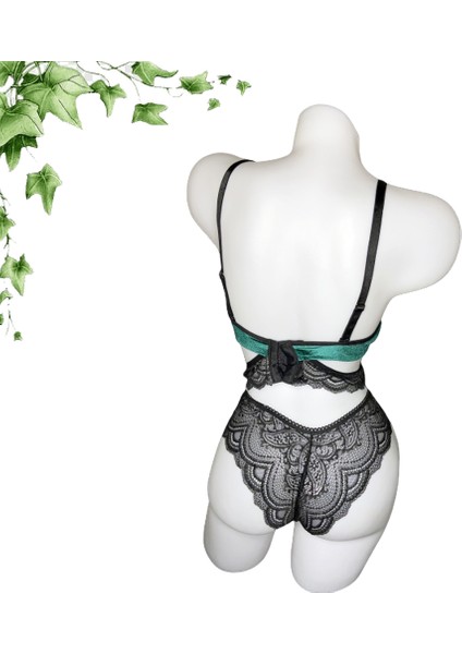 Yeşil Kadife Dolgulu Önü Dantelli Tasarım Bustiyer Takımı fiyatları