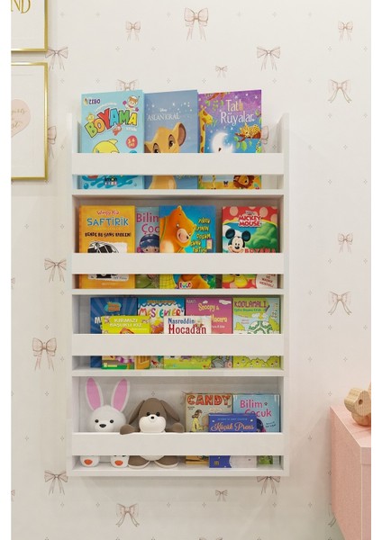 Montessori Çocuk Odası Eğitici Kitaplık 4 Raflı Duvar Rafı