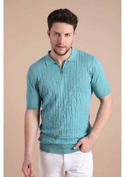 Mint Polo Yaka Fermuarlı Erkek Pamuk Triko T-Shirt