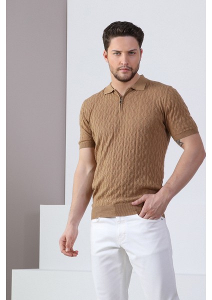 Camel Polo Yaka Fermuarlı Erkek Pamuk Triko T-Shirt