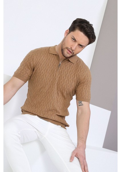Camel Polo Yaka Fermuarlı Erkek Pamuk Triko T-Shirt