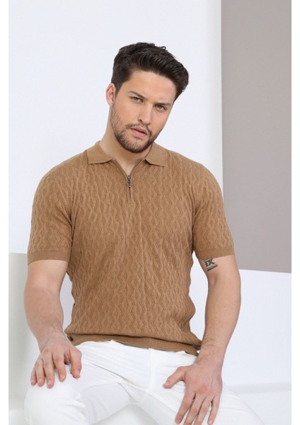 Camel Polo Yaka Fermuarlı Erkek Pamuk Triko T-Shirt