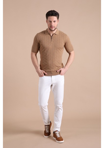 Camel Polo Yaka Fermuarlı Erkek Pamuk Triko T-Shirt