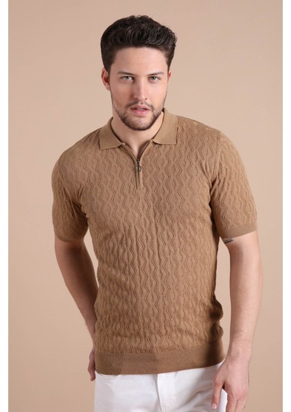 Camel Polo Yaka Fermuarlı Erkek Pamuk Triko T-Shirt