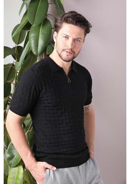 Siyah Polo Yaka Fermuarlı Erkek Pamuk Triko T-Shirt
