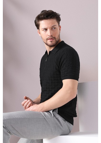 Siyah Polo Yaka Fermuarlı Erkek Pamuk Triko T-Shirt