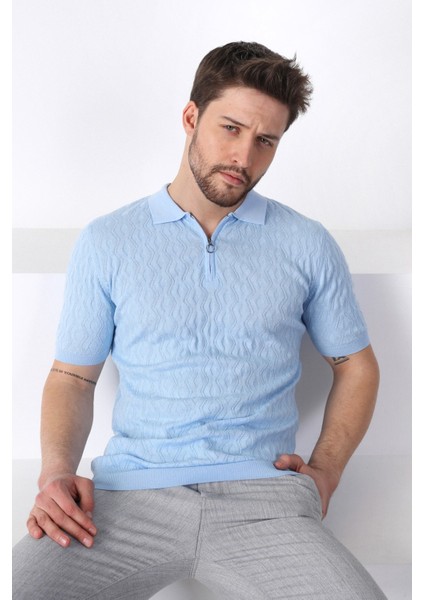Mavi Polo Yaka Fermuarlı Erkek Pamuk Triko T-Shirt