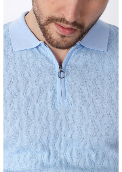 Mavi Polo Yaka Fermuarlı Erkek Pamuk Triko T-Shirt modelleri