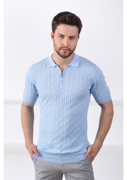 Mavi Polo Yaka Fermuarlı Erkek Pamuk Triko T-Shirt fırsatları