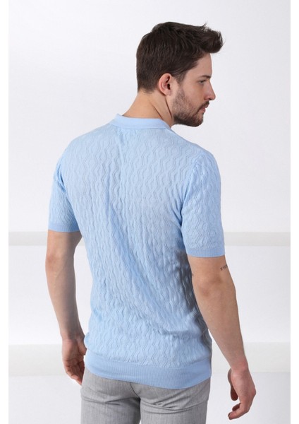 Mavi Polo Yaka Fermuarlı Erkek Pamuk Triko T-Shirt indirimleri