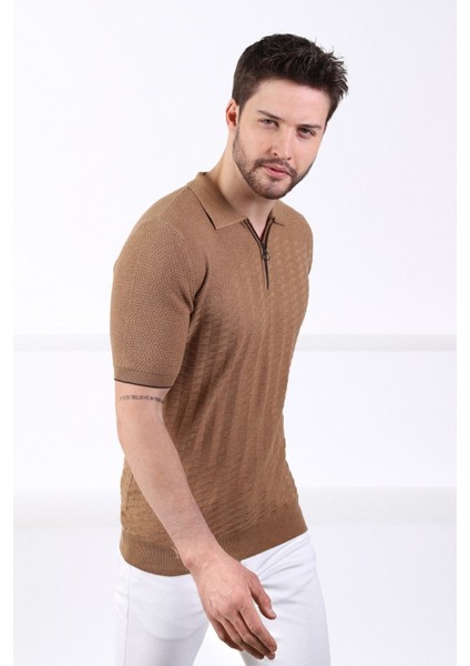 Camel Polo Yaka Fermuarlı Erkek Pamuk Triko T-Shirt