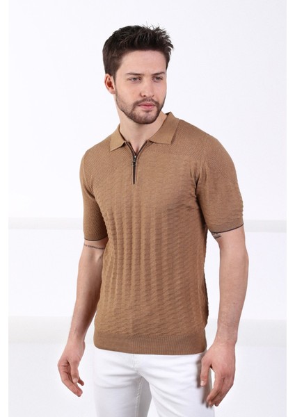 Camel Polo Yaka Fermuarlı Erkek Pamuk Triko T-Shirt