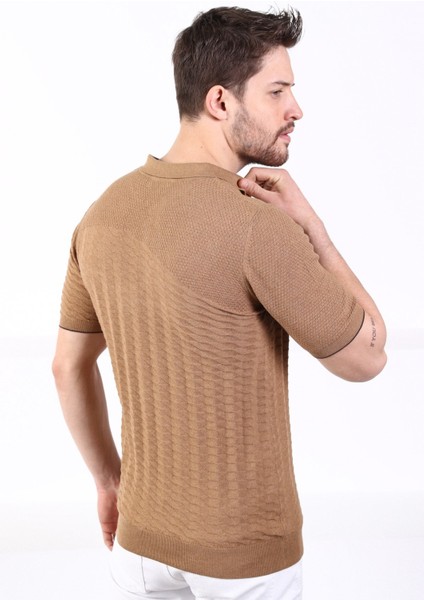Camel Polo Yaka Fermuarlı Erkek Pamuk Triko T-Shirt