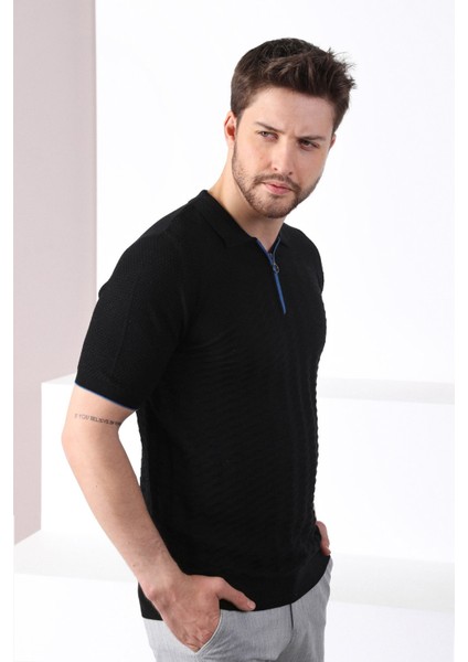 Siyah Polo Yaka Fermuarlı Erkek Pamuk Triko T-Shirt