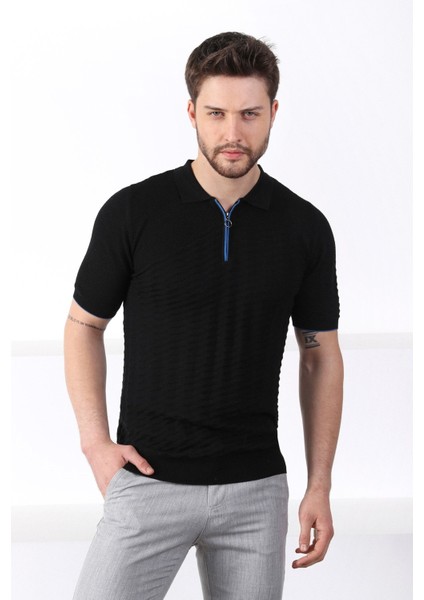 Siyah Polo Yaka Fermuarlı Erkek Pamuk Triko T-Shirt fiyatları