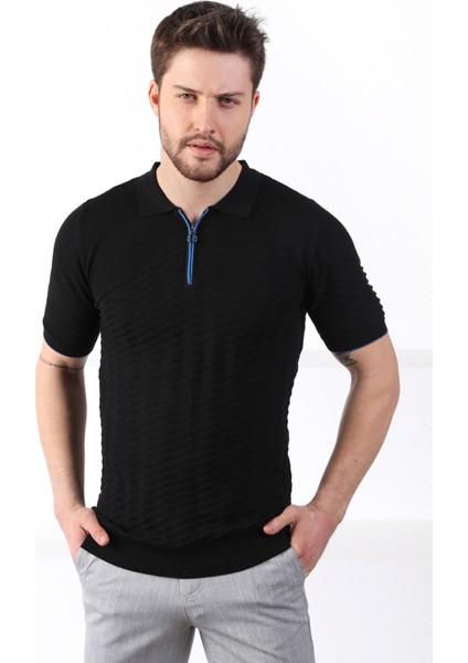 Siyah Polo Yaka Fermuarlı Erkek Pamuk Triko T-Shirt fırsatları