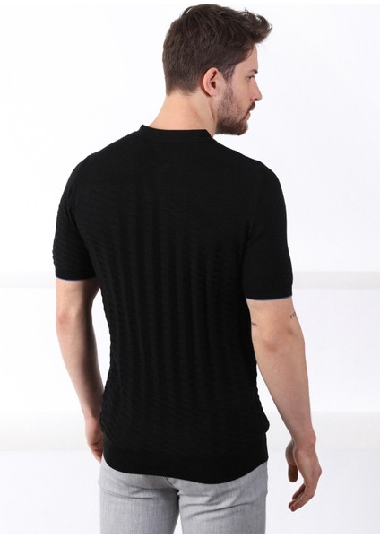 Siyah Polo Yaka Fermuarlı Erkek Pamuk Triko T-Shirt indirimleri