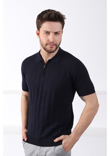 Lacivert Polo Yaka Fermuarlı Erkek Pamuk Triko T-Shirt