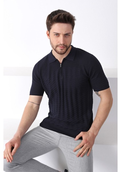 Lacivert Polo Yaka Fermuarlı Erkek Pamuk Triko T-Shirt fiyatları