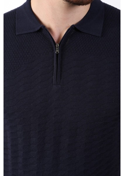 Lacivert Polo Yaka Fermuarlı Erkek Pamuk Triko T-Shirt modelleri
