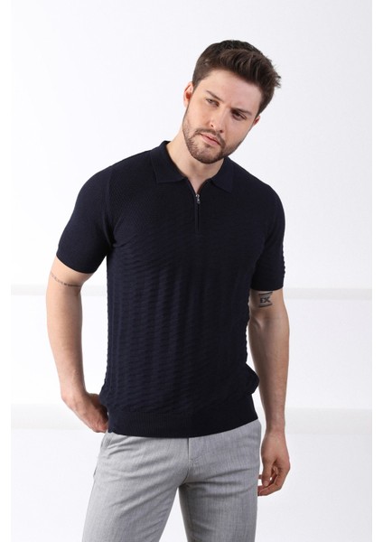 Lacivert Polo Yaka Fermuarlı Erkek Pamuk Triko T-Shirt fırsatları