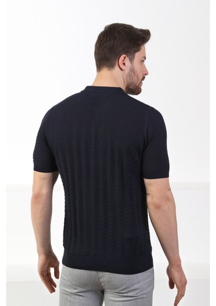 Lacivert Polo Yaka Fermuarlı Erkek Pamuk Triko T-Shirt indirimleri