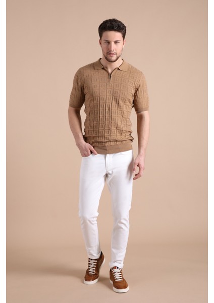 Camel Polo Yaka Fermuarlı Erkek Pamuk Triko T-Shirt