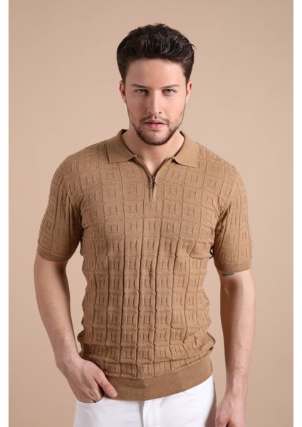 Camel Polo Yaka Fermuarlı Erkek Pamuk Triko T-Shirt