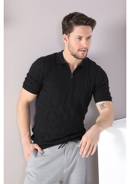 Siyah Polo Yaka Fermuarlı Erkek Pamuk Triko T-Shirt fiyatları