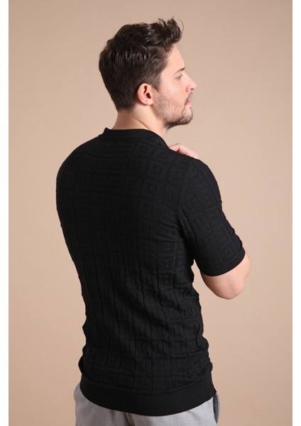 Siyah Polo Yaka Fermuarlı Erkek Pamuk Triko T-Shirt indirimleri