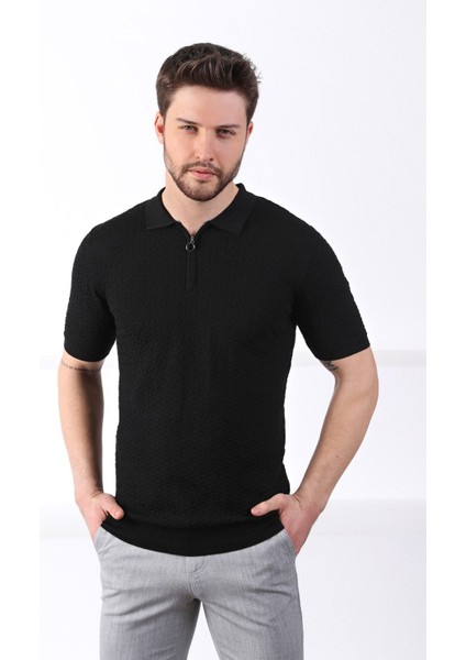 Siyah Polo Yaka Fermuarlı Erkek Pamuk Triko T-Shirt