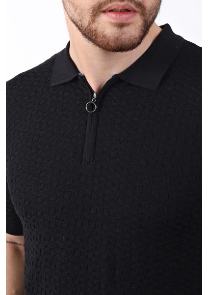 Siyah Polo Yaka Fermuarlı Erkek Pamuk Triko T-Shirt fiyatları